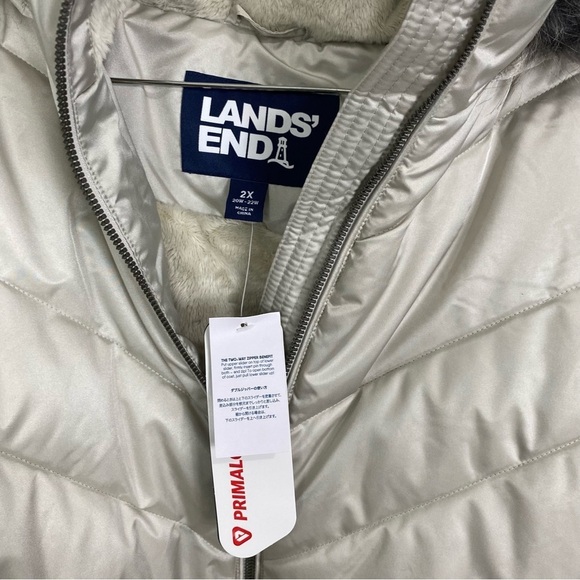 Lands End Puffer Jacket Primaloft Faux Fur Hood Zip Up Sz 2X‎ Cream Fleece Lined - Picture 2 of 4